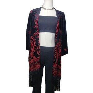 Urban Outfitters Fringe Burnout Velvet Kimono Cardigan One Size Open Front Top
